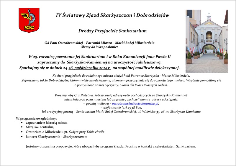 III Światowy Zjazd Skarżyszczan i Dobrodziejów w Sanktuarium Matki Bożej Ostrobramskiej