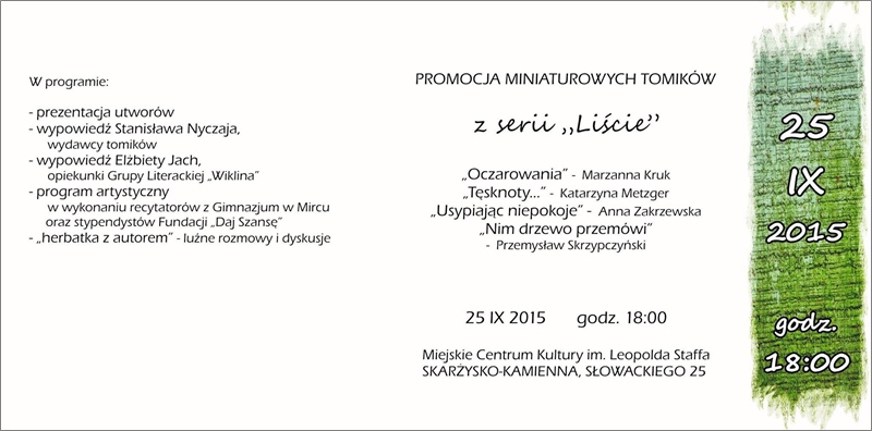 „Liście” – promocja miniaturowych tomików poezji – Miejskie Centrum Kultury – 25.09.2015