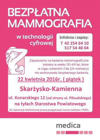 Bezpłatne badania mammograficzne – Starostwo Powiatowe – 22.04.2016