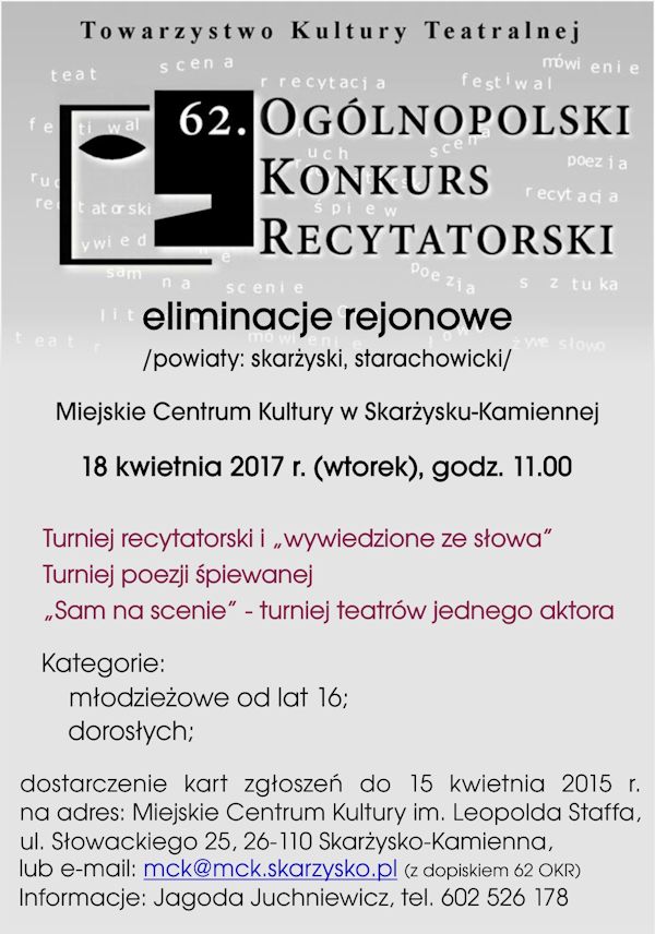 62. Ogólnopolski Konkurs Recytatorski – eliminacje rejonowe – MCK – 18.04.2017