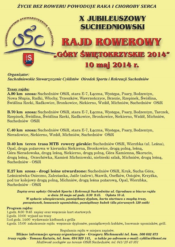 X Suchedniowski Rajd Rowerowy „Góry Świętokrzyskie 2014” – OSiR Suchedniów – 10.05.2014
