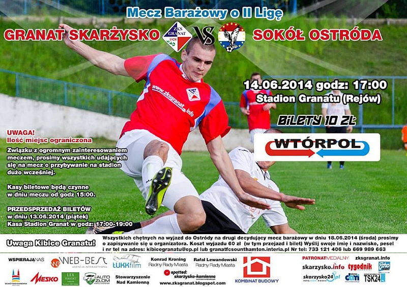 Granat Skarżysko – Sokół Ostróda – baraż o II ligę – stadion Granatu – 14.06.2014