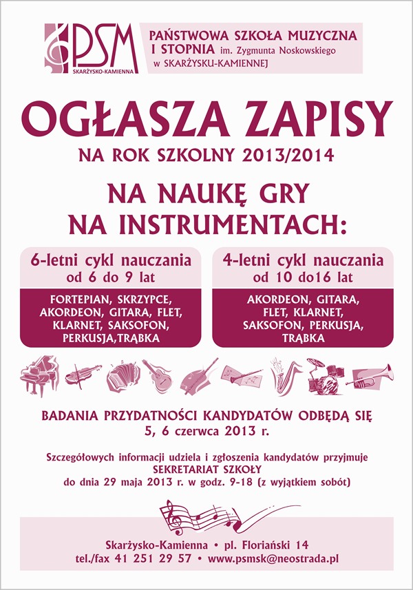 Zapisy do Państwowej Szkoły Muzycznej w Skarżysku na rok szkolny 2013/14