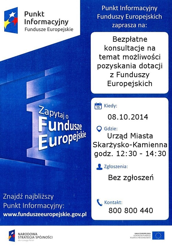 Pozyskiwanie dotacji z funduszy europejskich – konsultacje – punkt informacyjny – 08.10.2014